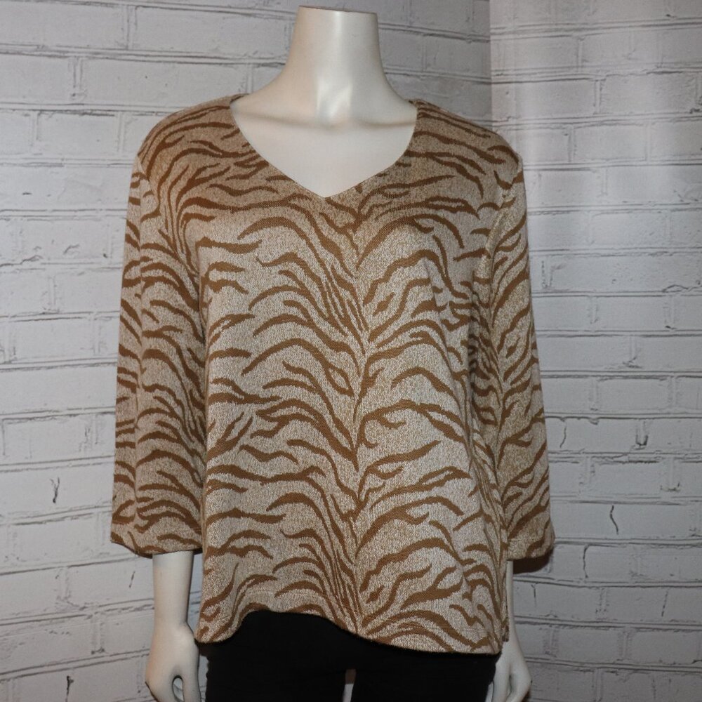 Alfred Dunner Tan and Cream Zebra Print V-Neck Blouse